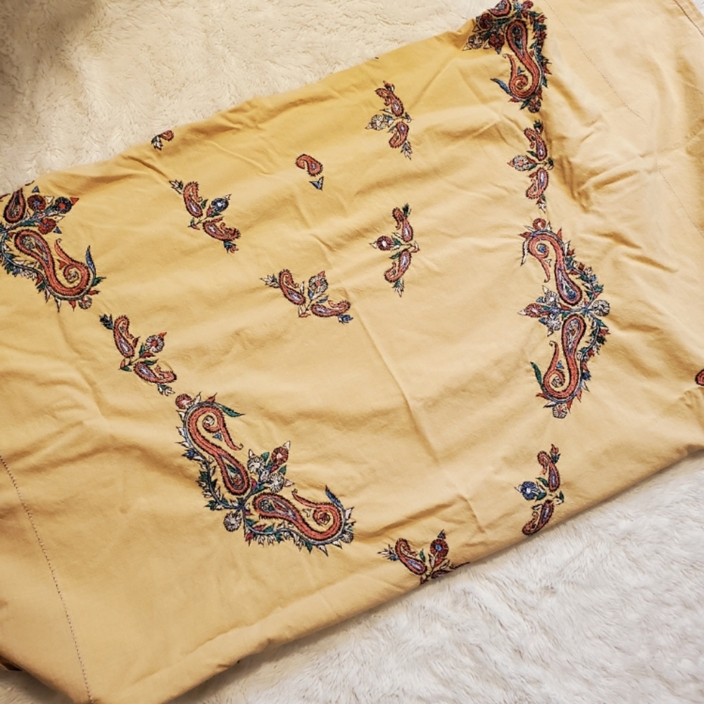 Hand Embroidered Large Vintage Table Cloth. Pale Yellow. Purple Blue Paisley.